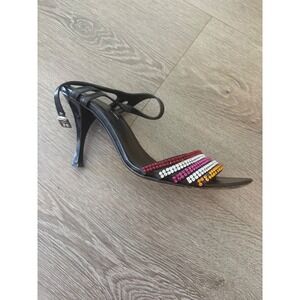 Sonia Rykiel Paris Black Leather Rhinestone Stiletto Sandals Made in‎ Italy 38